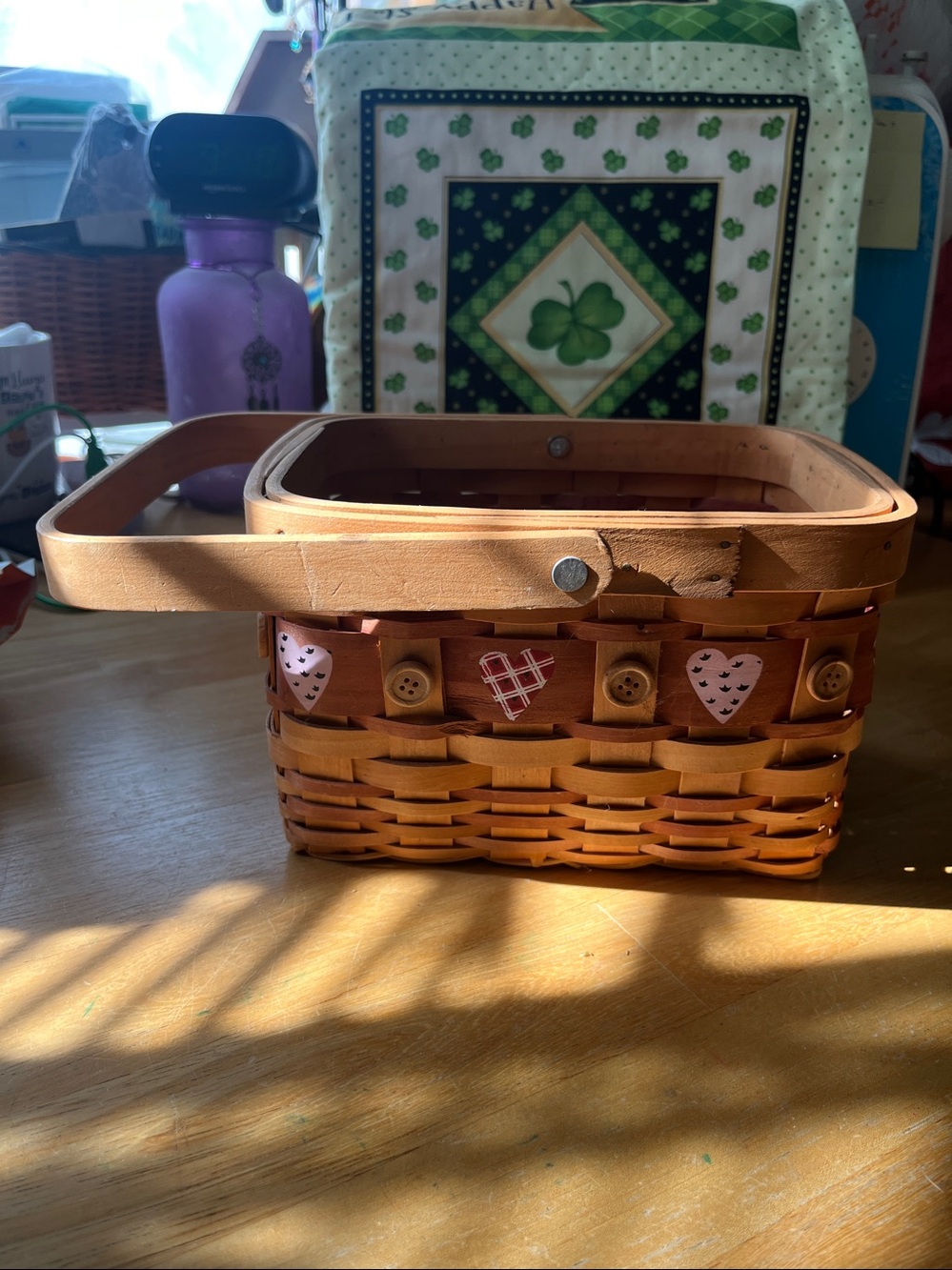 Handwoven Brown Decorative Basket with Heart Accents